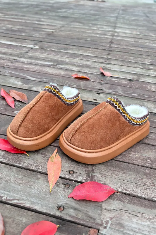 Chestnut Contrast Edge Suede Plush Lined Thick Sole Winter Slippers sold by eAura