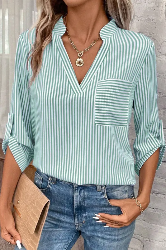 Green Stripe V Neck Roll Up Sleeve Pocket Patched Classic Shirt sold by eAura
