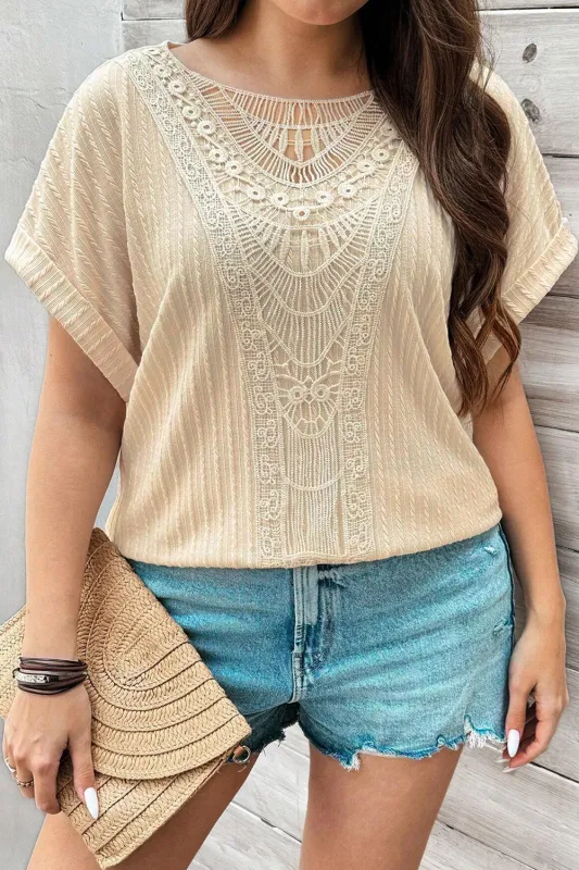 Beige Lace Crochet Patched Cable Textured Cuffed Short Sleeve Plus Size Top sold by eAura