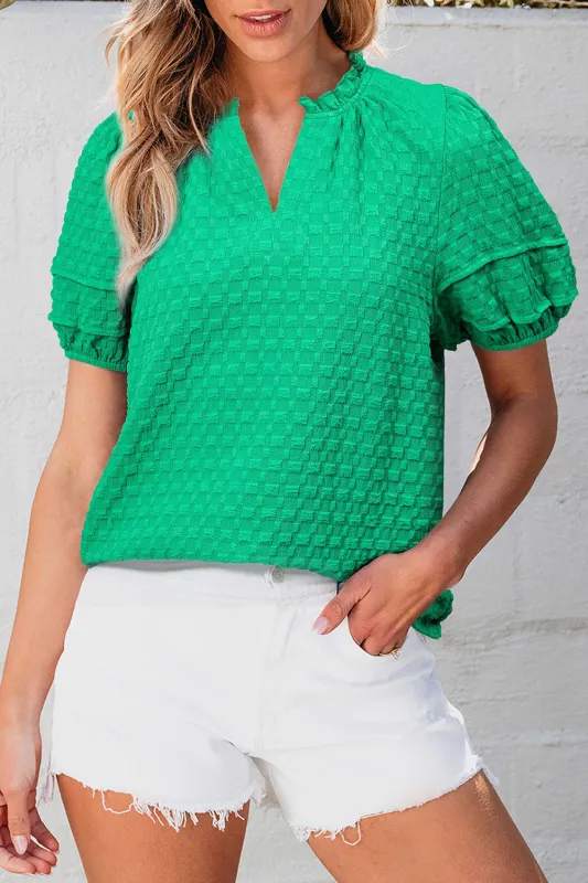 Bright Green Textured Puff Short Sleeve Notched V Neck Top sold by eAura