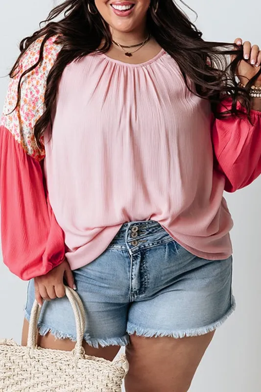 Pink Contrast Floral Patchwork Long Sleeve Plus Size Blouse sold by eAura