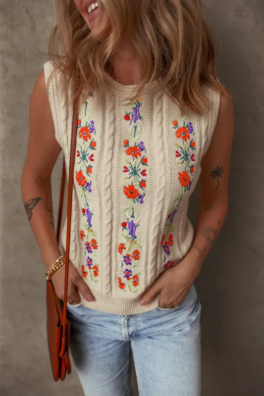 Jet Stream Embroidered Floral Cable Knit Sweater Vest sold by eAura