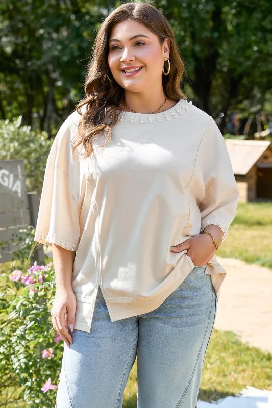 Beige Pearl Decor Crew Neck Half Sleeve Plus Size T Shirt sold by eAura