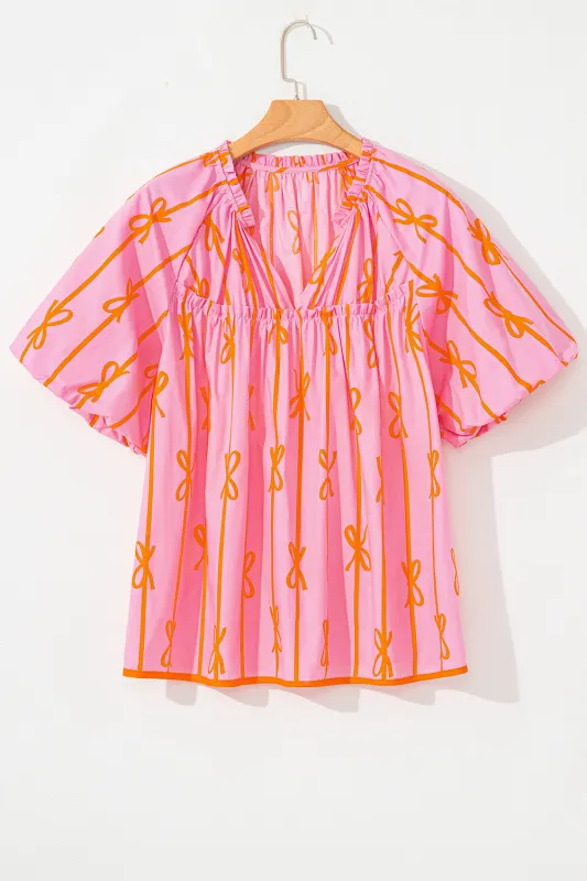 Rose Bowknot Print Shirred V Neck Puff Sleeve Plus Size Blouse sold by eAura