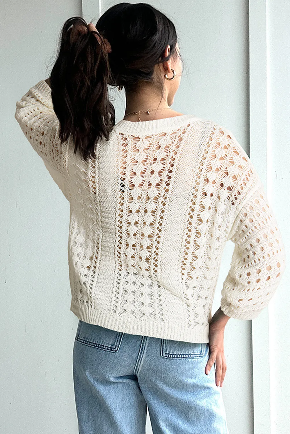 White Hollow Out Knit Bracelet Sleeve Drop Shoulder Sweater sold by eAura product image thumbnail 2