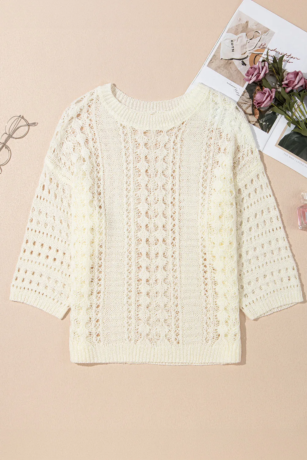 White Hollow Out Knit Bracelet Sleeve Drop Shoulder Sweater sold by eAura product image thumbnail 3