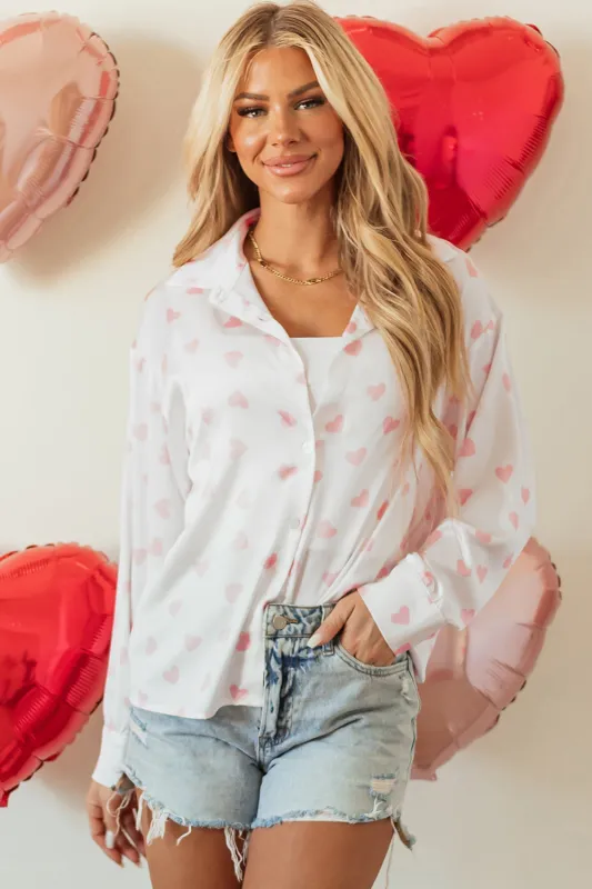 White Love Heart Print Drop Shoulder Puff Sleeve Shirt sold by eAura