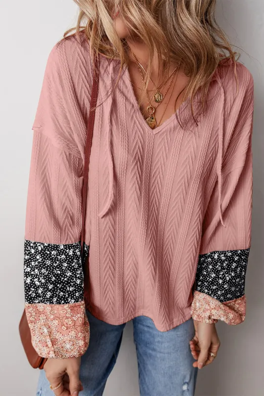 Floral Patchwork Textured Knit Drawstring V Neck Blouse sold by eAura