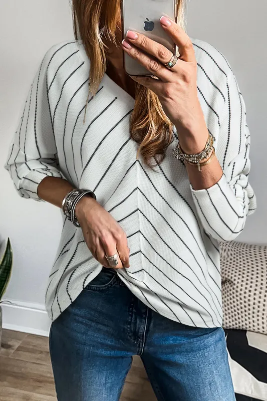 Black Stripe Chevron Striped V Neck Long Sleeve Casual Top sold by eAura