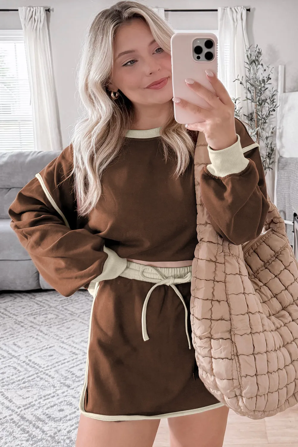 Coffee Colour Contrast Loose Pullover and Lace-up Waist Skort Set sold by eAura product image thumbnail 2
