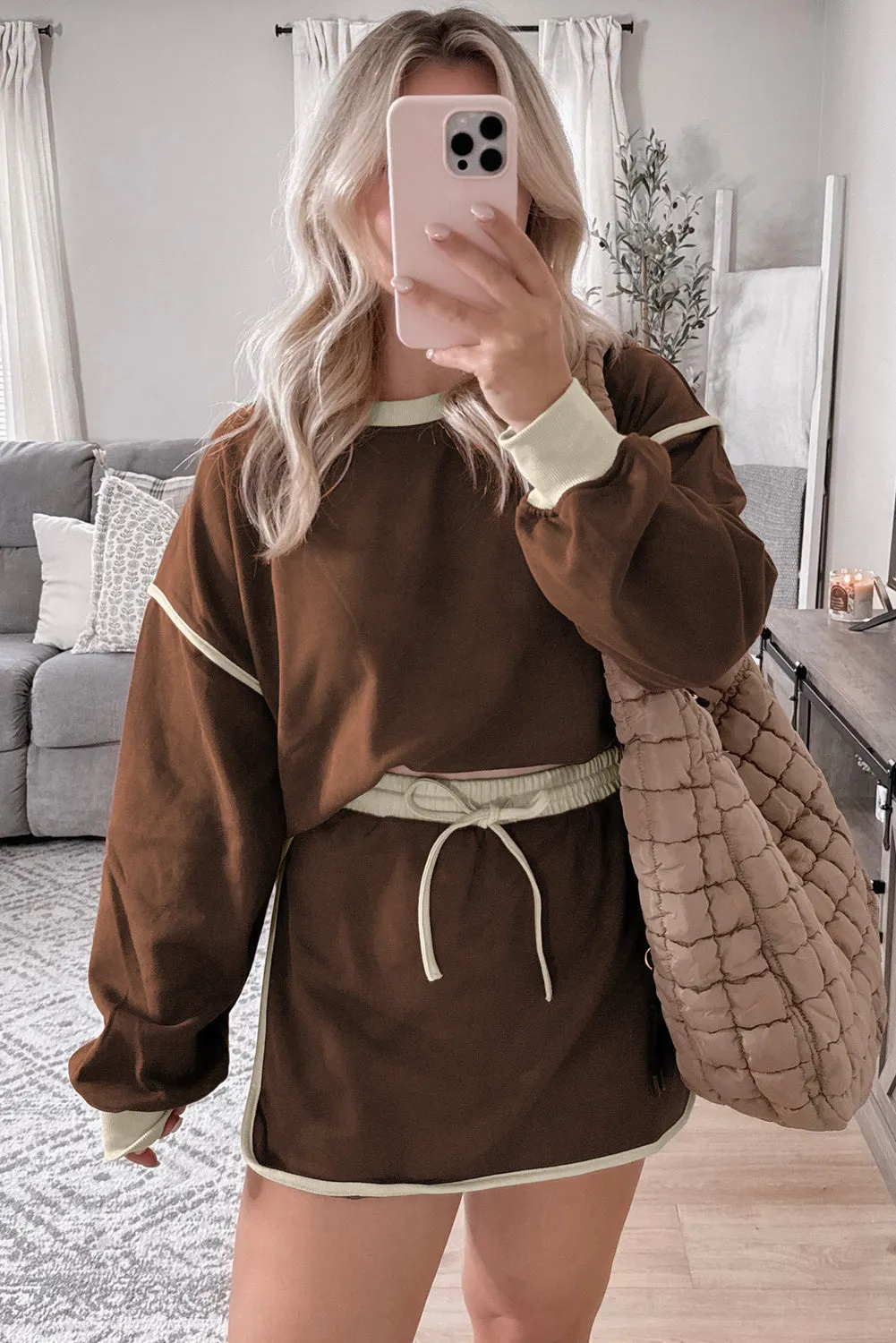 Coffee Colour Contrast Loose Pullover and Lace-up Waist Skort Set sold by eAura product image thumbnail 3