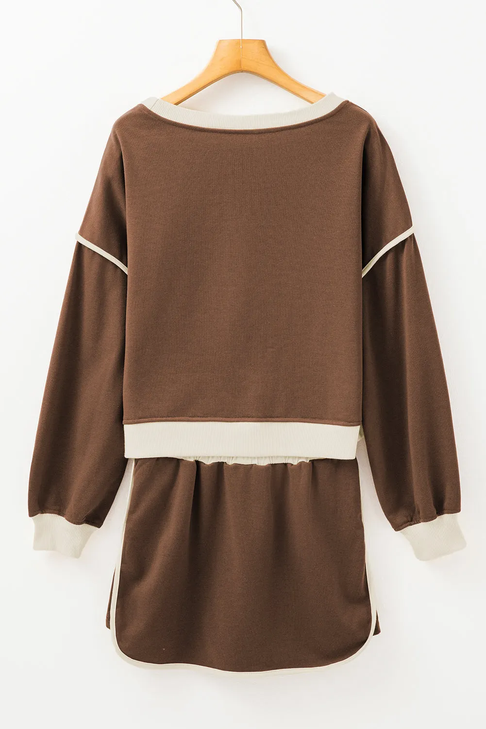 Coffee Colour Contrast Loose Pullover and Lace-up Waist Skort Set sold by eAura product image thumbnail 5