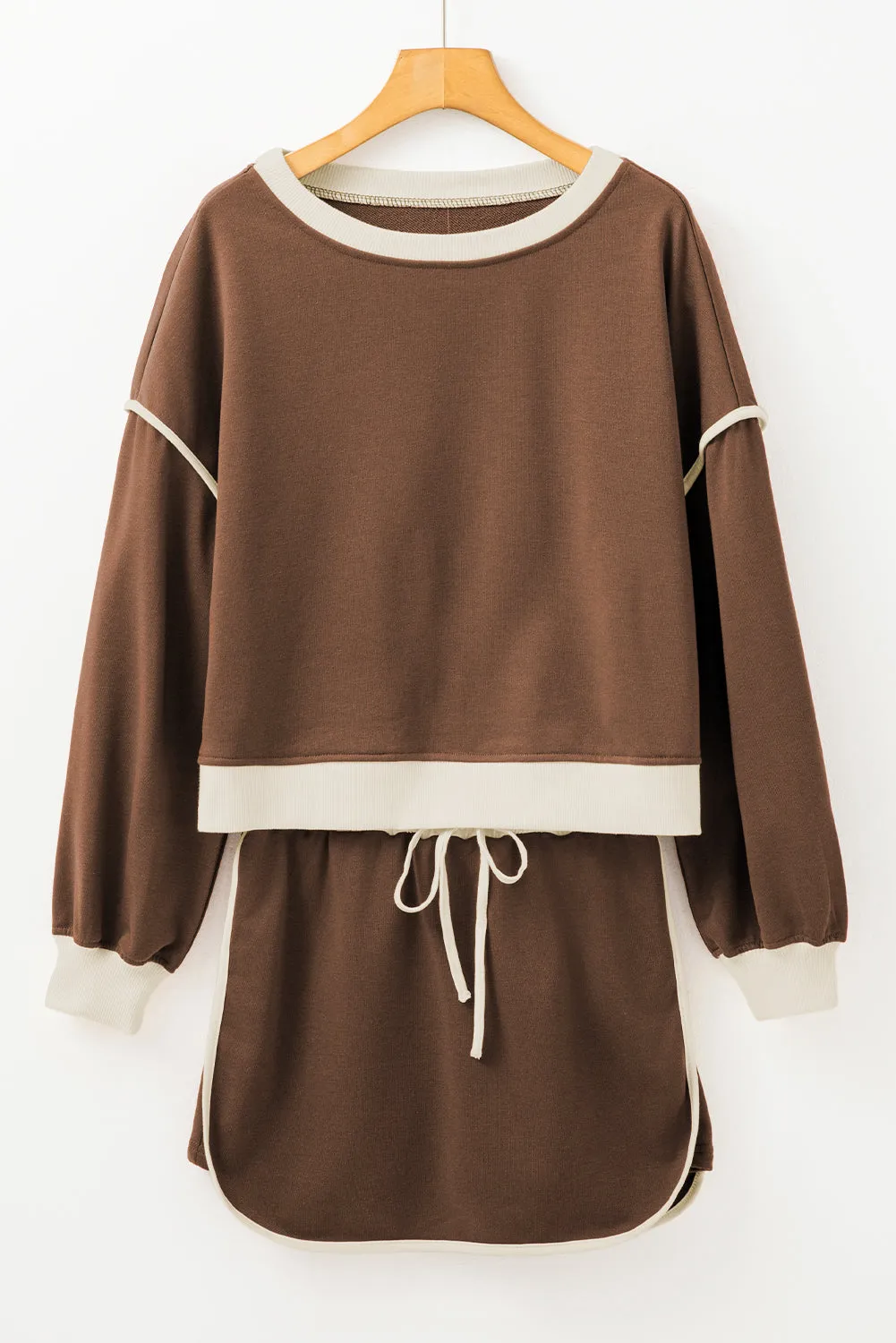 Coffee Colour Contrast Loose Pullover and Lace-up Waist Skort Set sold by eAura product image thumbnail 4