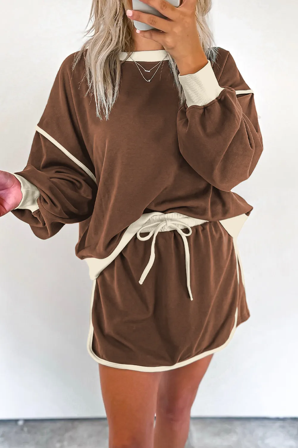 Coffee Colour Contrast Loose Pullover and Lace-up Waist Skort Set sold by eAura