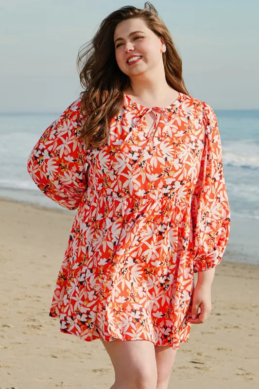 Orange Floral Print Split V Neck Bubble Sleeve Plus Size Midi Dress sold by eAura