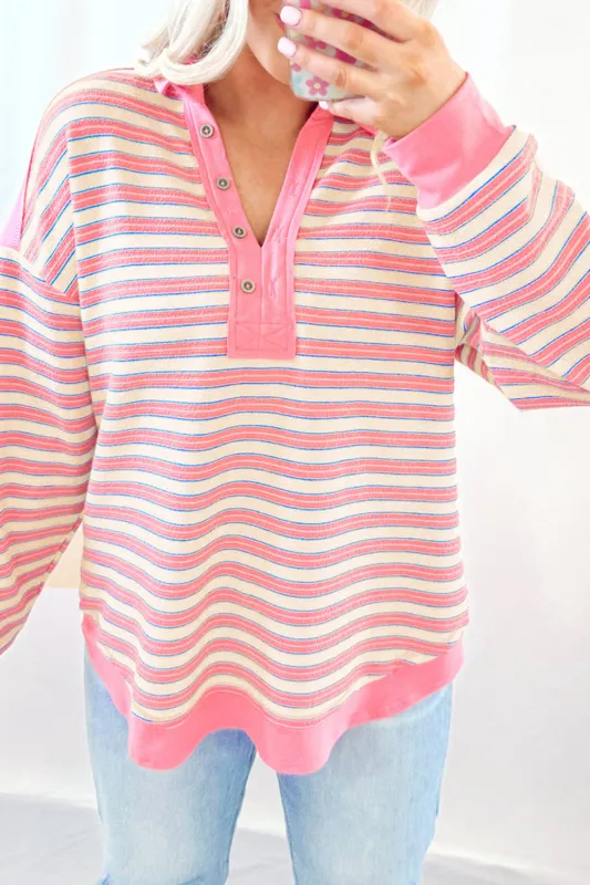 Pink Stripe Buttoned V Neck Collared Drop Shoulder Top sold by eAura