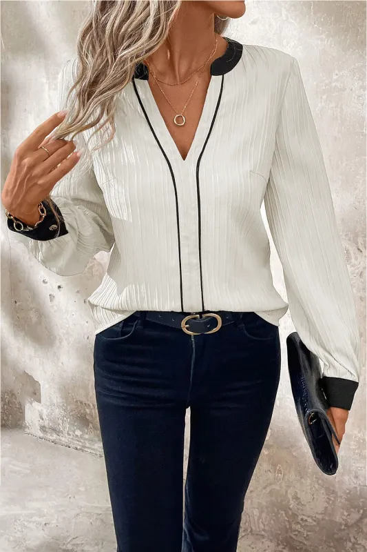 White Textured Colourblock V Neck Elegant Blouse sold by eAura