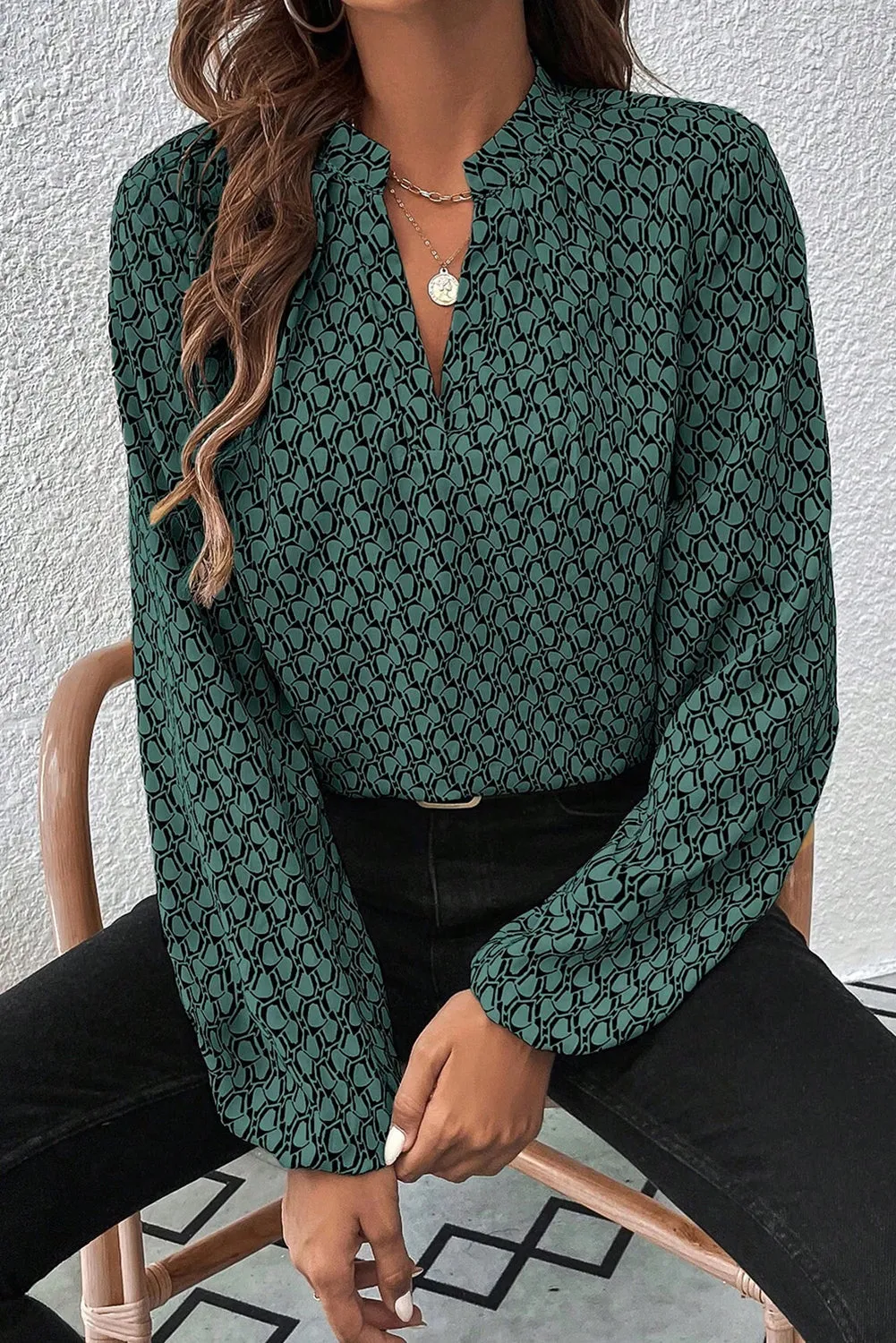 Green Geometric Print Notched Neck Puff Sleeve Blouse sold by eAura
