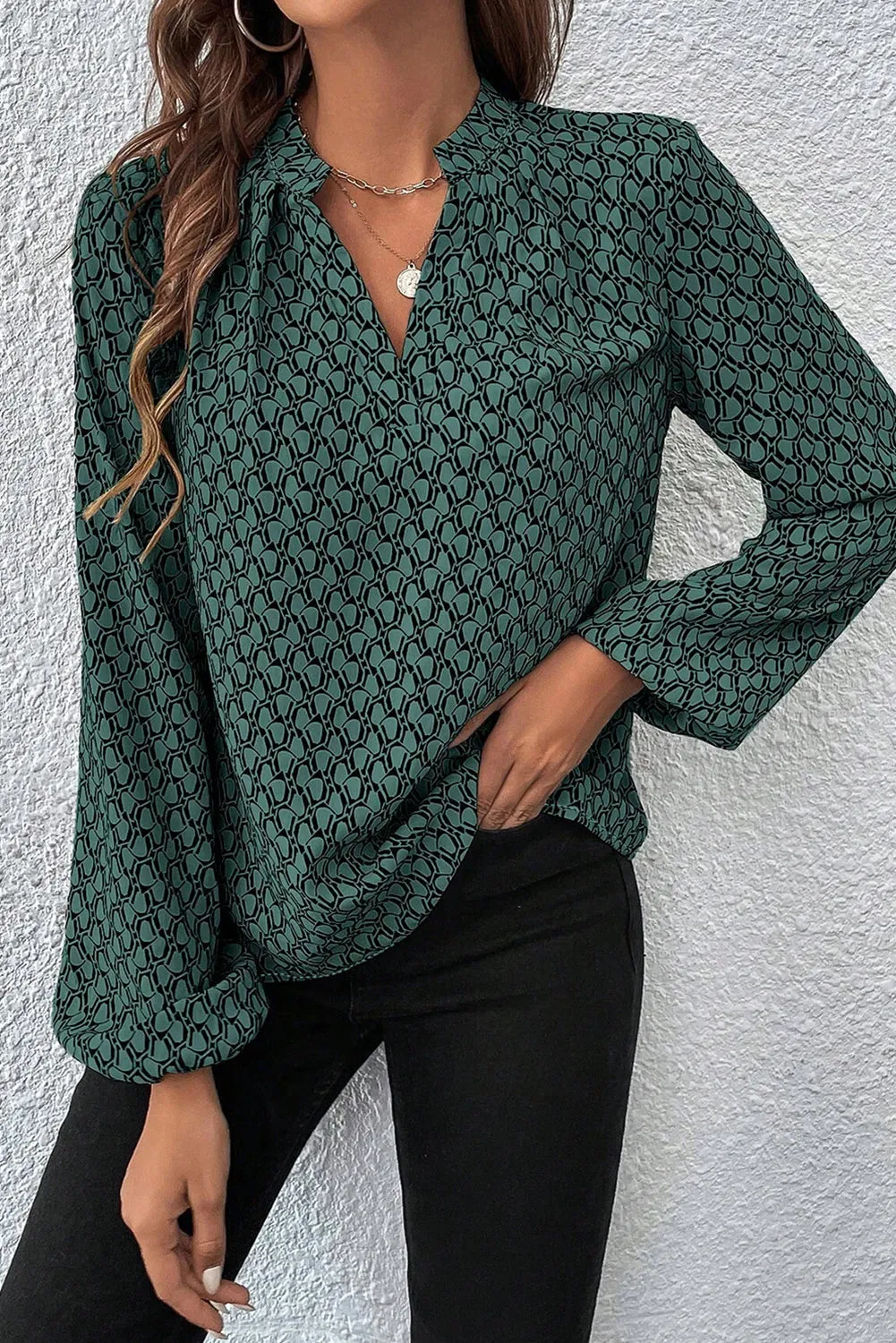 Green Geometric Print Notched Neck Puff Sleeve Blouse sold by eAura product image thumbnail 3