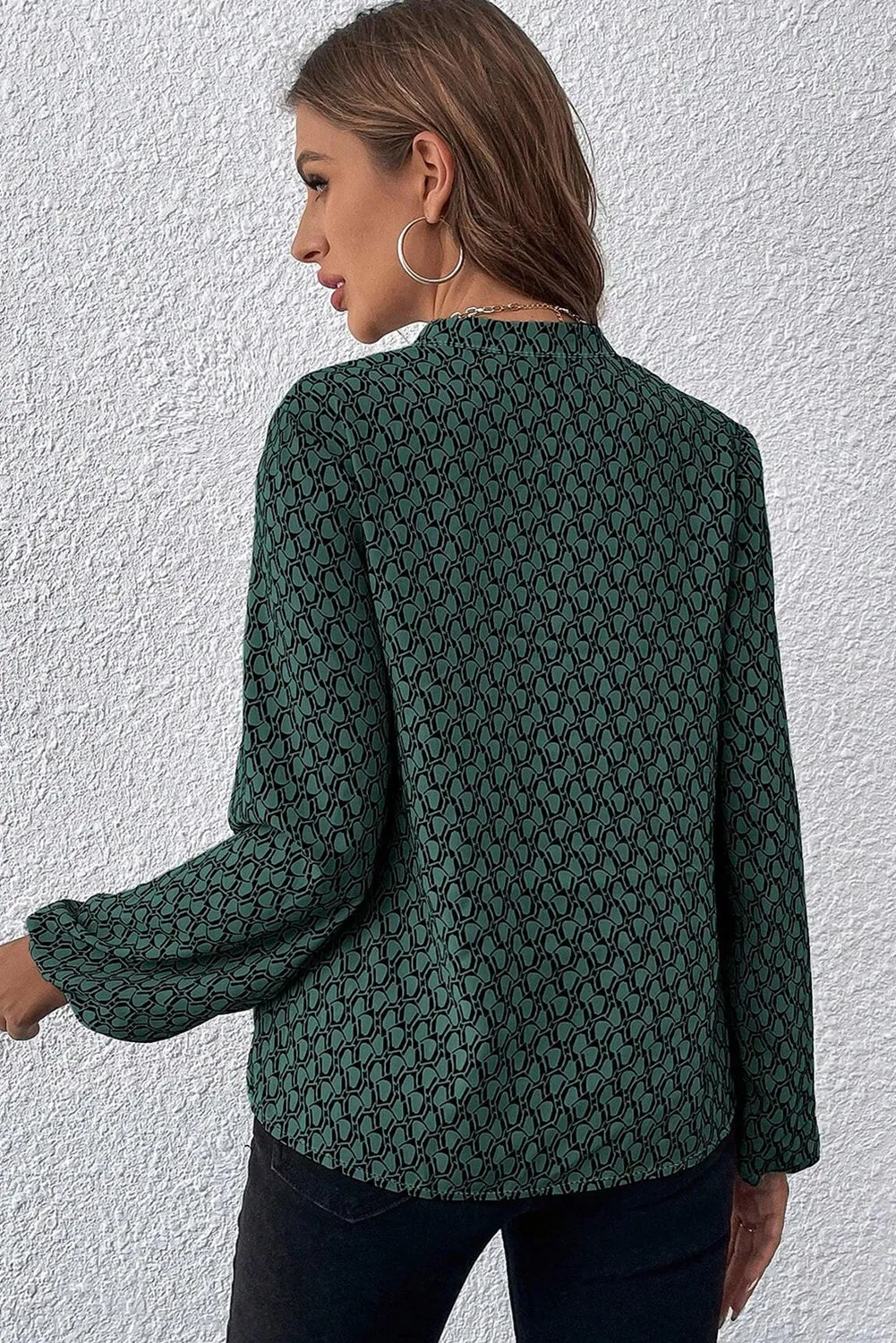 Green Geometric Print Notched Neck Puff Sleeve Blouse sold by eAura product image thumbnail 2