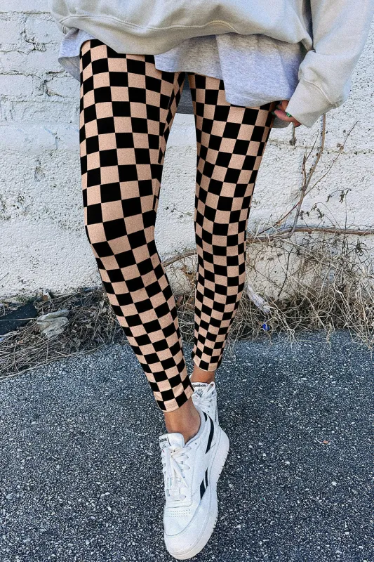 Khaki Checkered Pattern High Waist Skinny Leggings sold by eAura