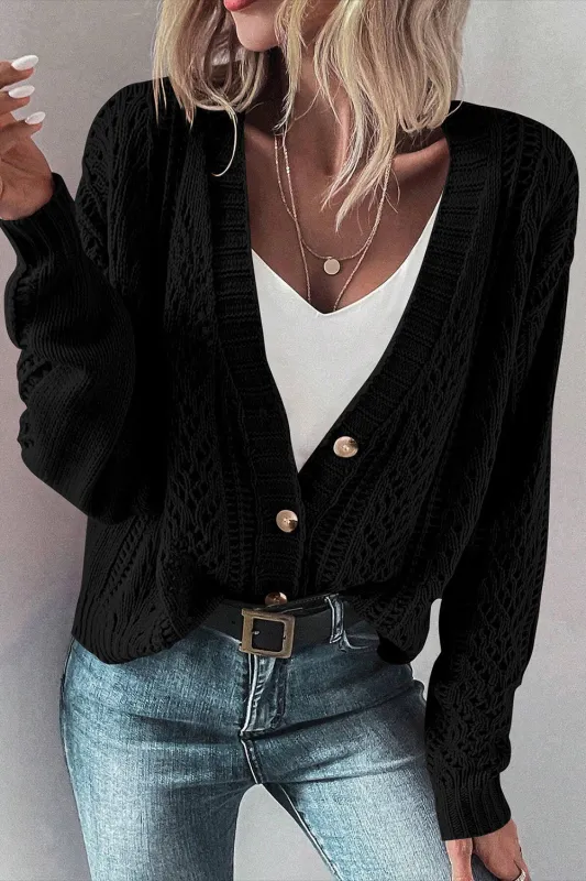Black Open Knit Drop Shoulder Sweater Cardigan sold by eAura