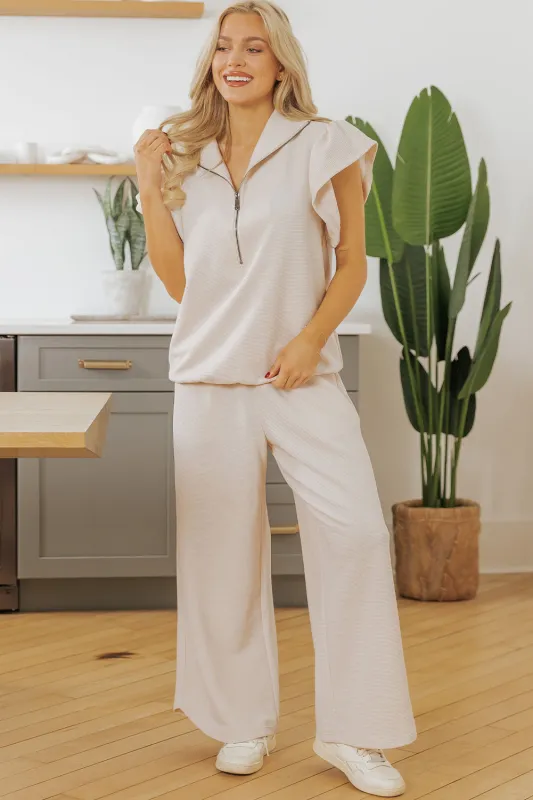 Apricot Textured Ruffled Sleeve Zipped Top and Wide Leg Trousers Set sold by eAura
