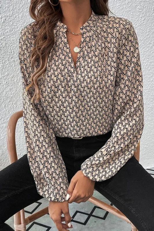 Khaki Geometric Print Notched Neck Puff Sleeve Blouse sold by eAura