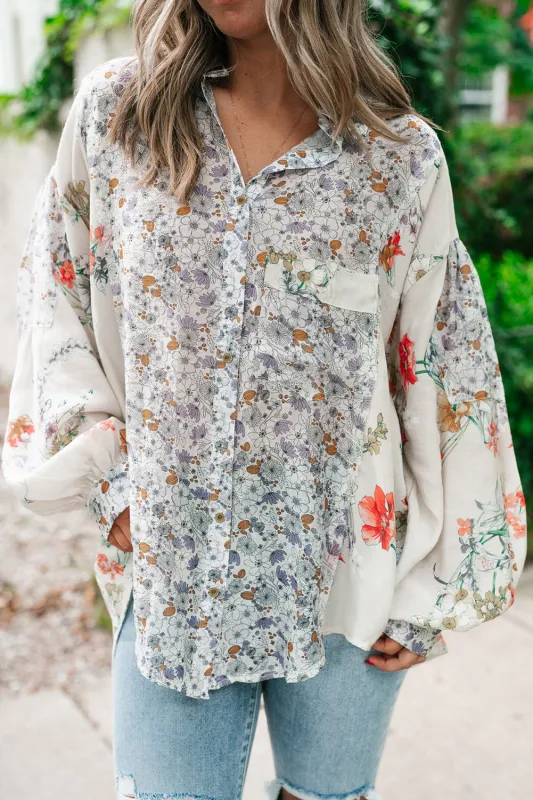 Purple Boho Floral Bishop Sleeve Button Up Loose Shirt sold by eAura