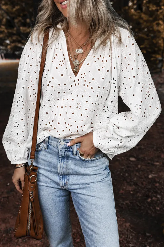 White Eyelet Embroidered Puff Sleeve V Neck Blouse sold by eAura
