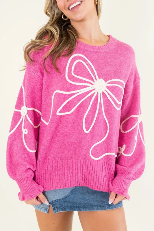 Bright Pink Ribbed Flower Bow Ribbed Trim Casual Sweater sold by eAura