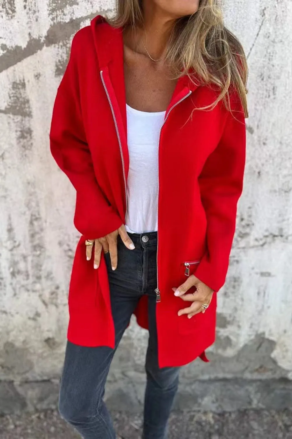 Fiery Red Solid Colour Casual Zip up Hooded Coat sold by eAura