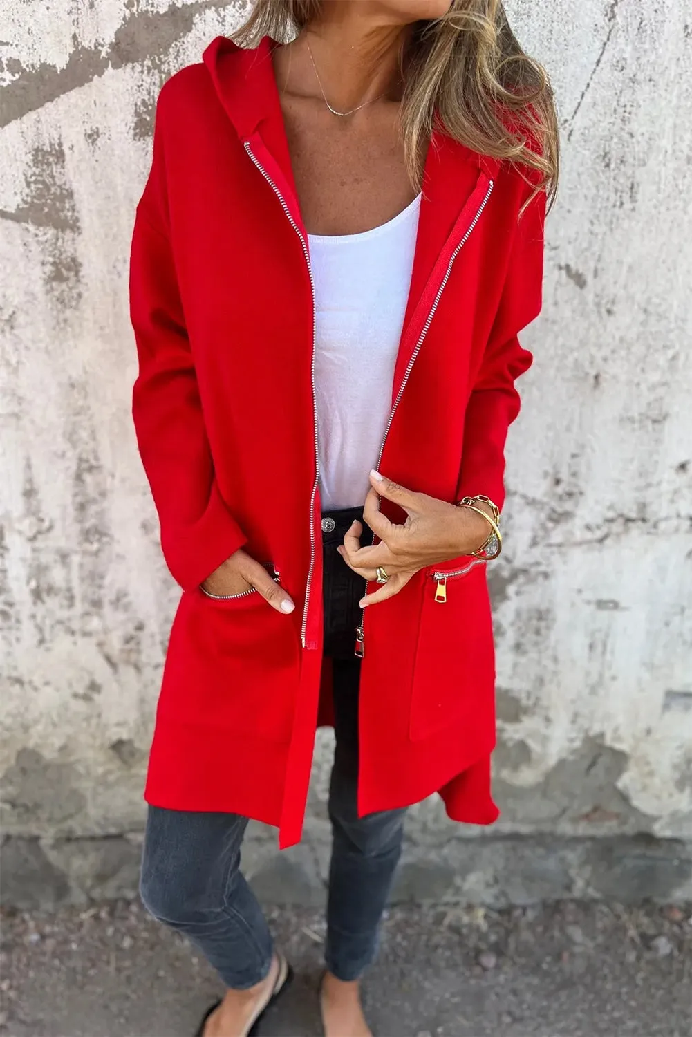 Fiery Red Solid Colour Casual Zip up Hooded Coat sold by eAura product image thumbnail 3
