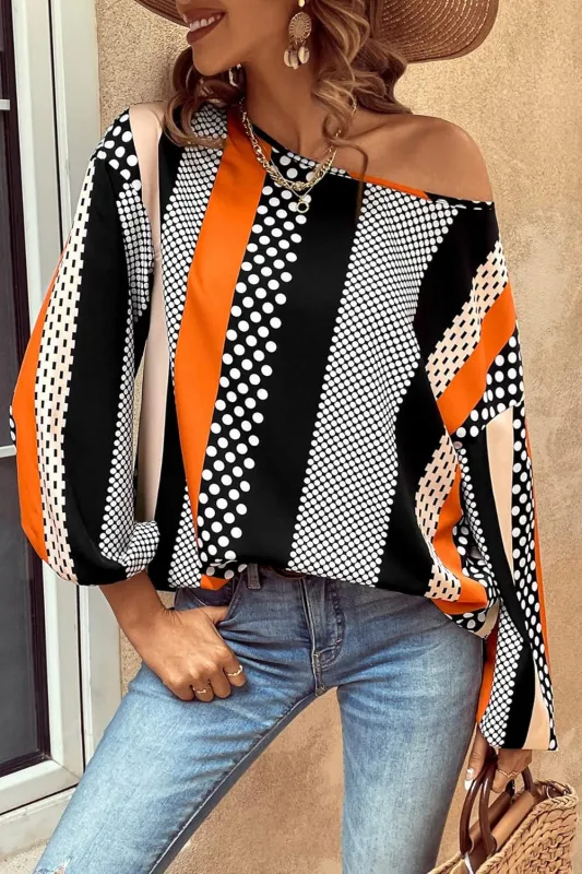 Orange Polka Dot Vertical Striped Printed Puff Sleeve Blouse sold by eAura