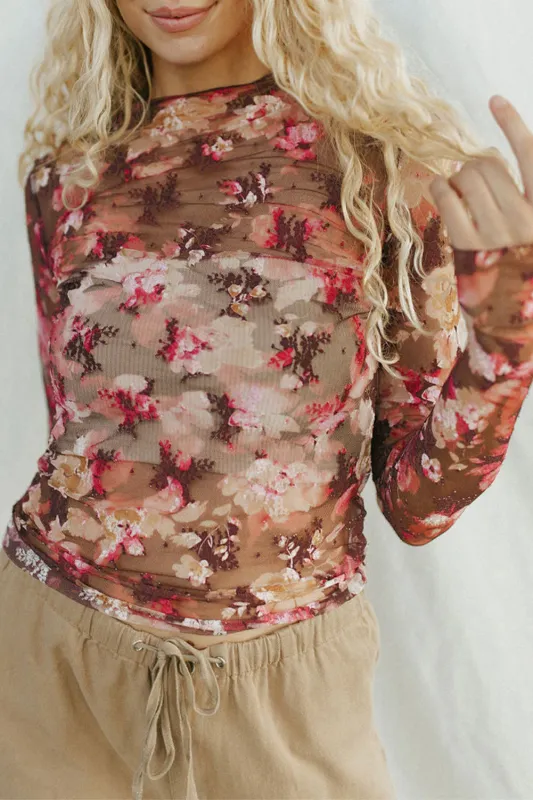 Red Floral Print Sheer Mesh Long Sleeve Top sold by eAura