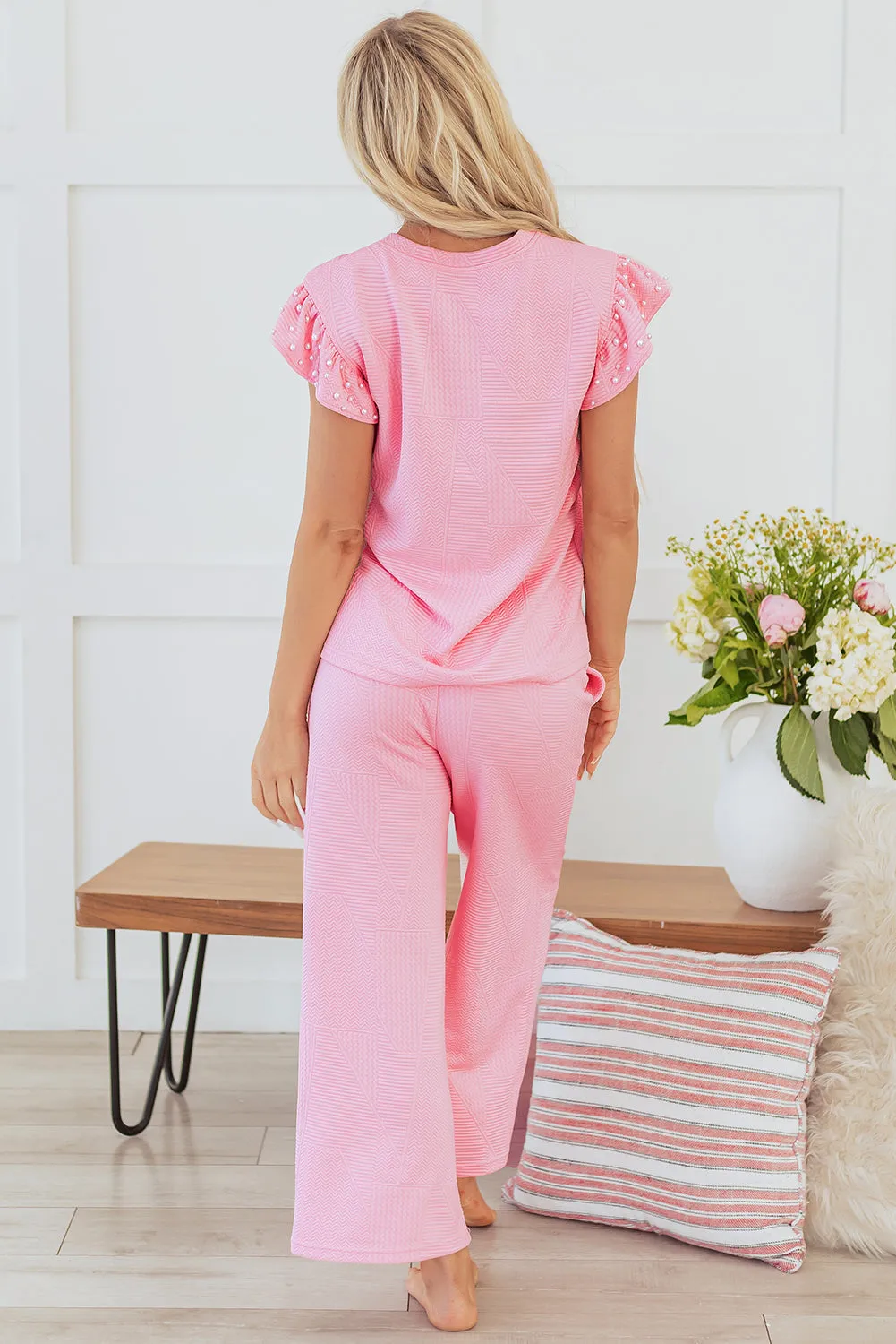 Pink Textured Pearled Ruffled Sleeve Wide Leg Trousers Set sold by eAura product image thumbnail 5