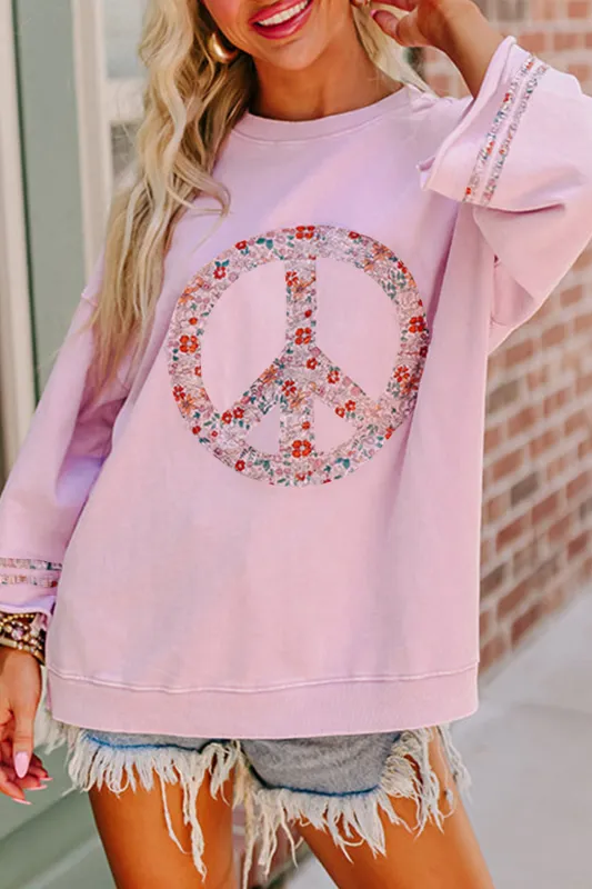 Light Pink Floral Peace Sign Graphic Drop Shoulder Wide Sleeve Casual Top sold by eAura
