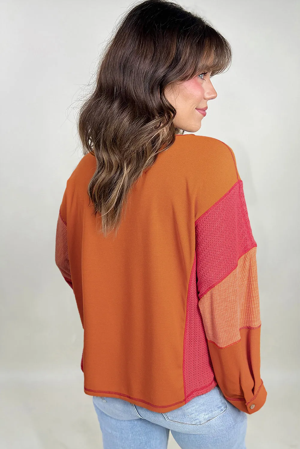 Orange Textured Knit Colour Block Patchwork Chest Pocket Plus Size Top sold by eAura product image thumbnail 2