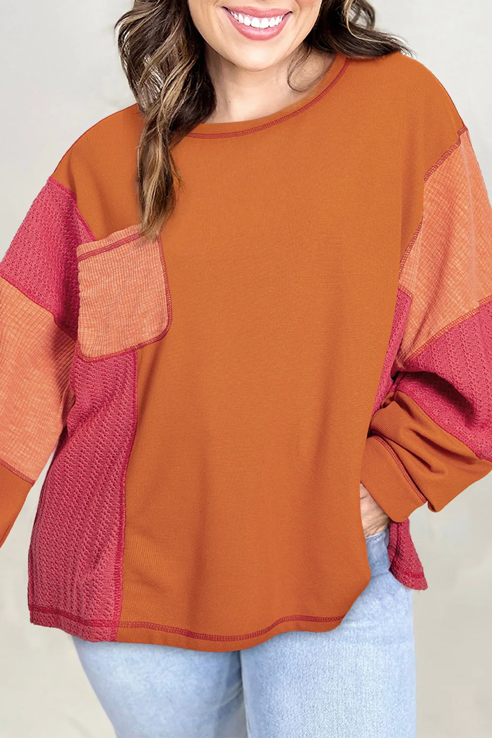 Orange Textured Knit Colour Block Patchwork Chest Pocket Plus Size Top sold by eAura