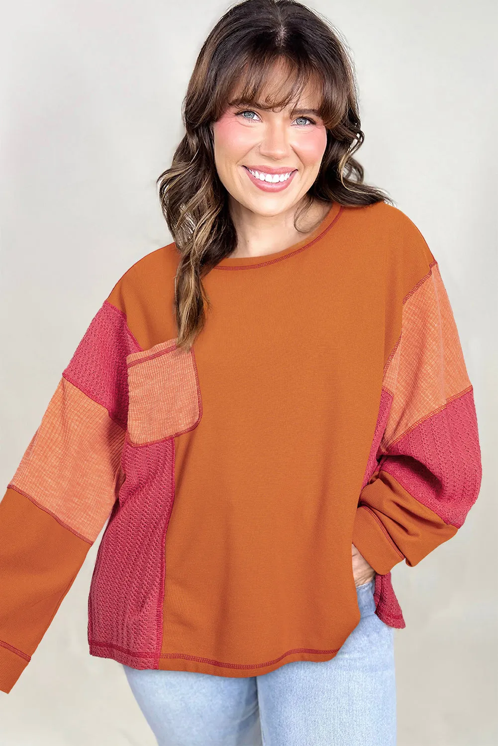 Orange Textured Knit Colour Block Patchwork Chest Pocket Plus Size Top sold by eAura product image thumbnail 3