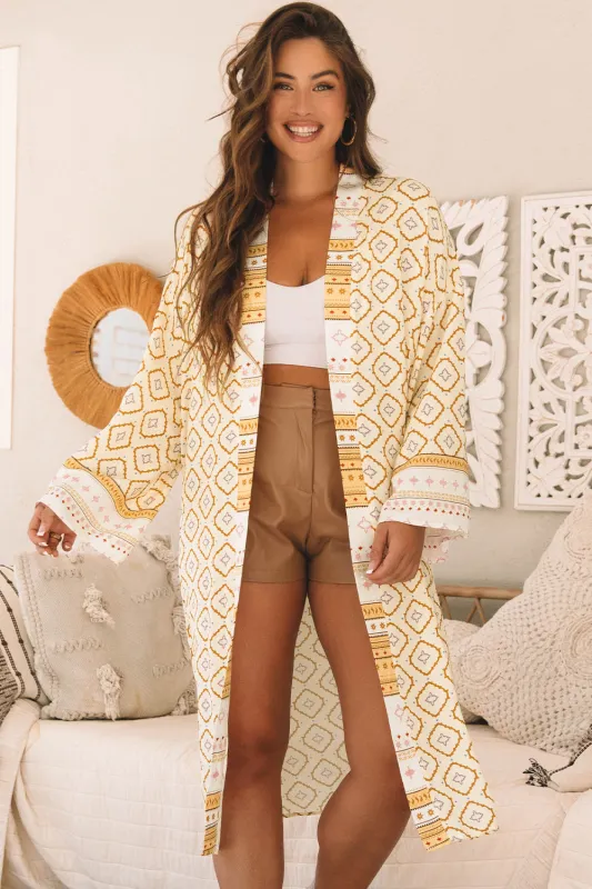 Yellow Bohemian Geometric Printed Loose Sleeve Long Kimono sold by eAura