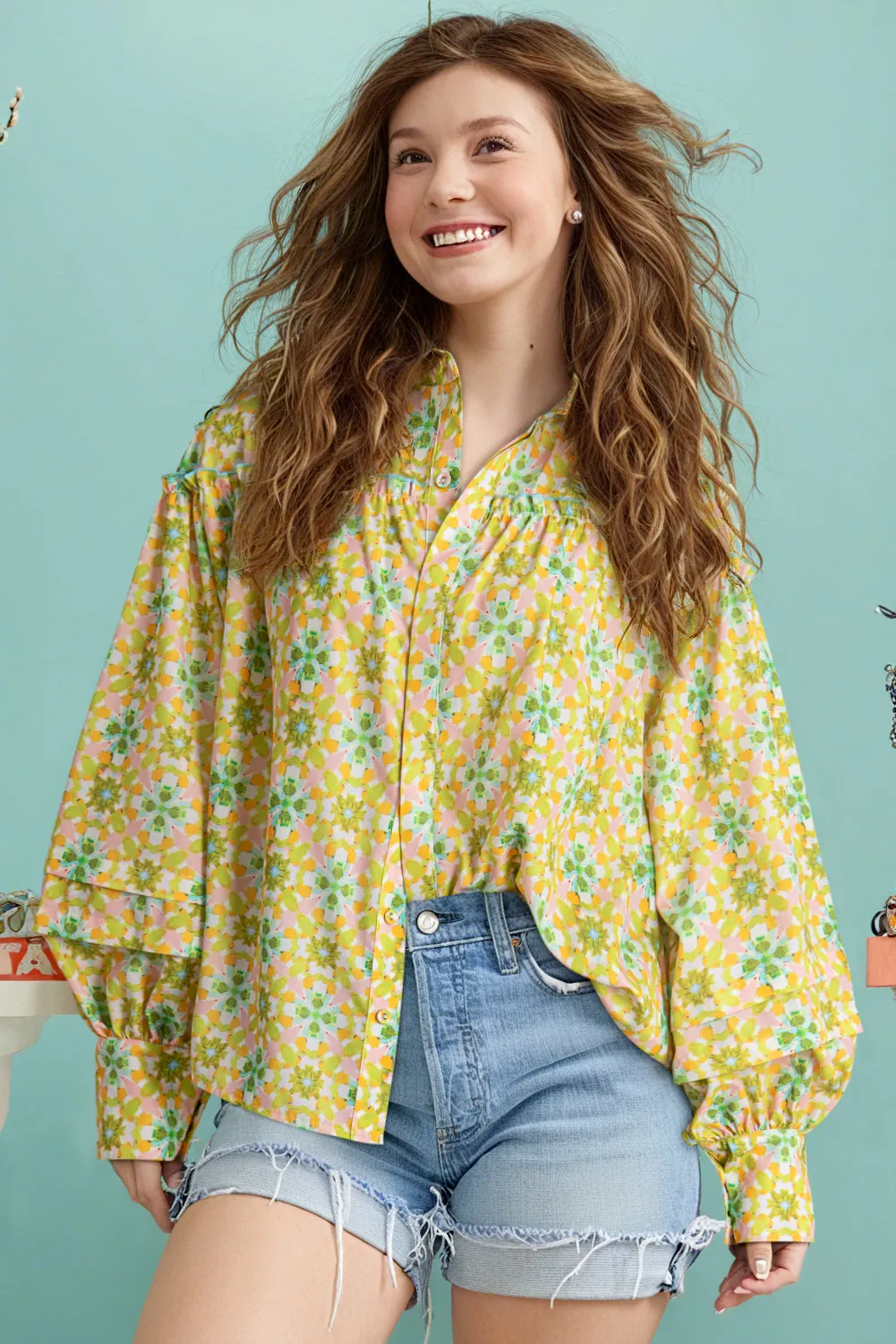 Green Boho Floral Print Frilly Detail Puff Sleeve Shirt sold by eAura product image thumbnail 3
