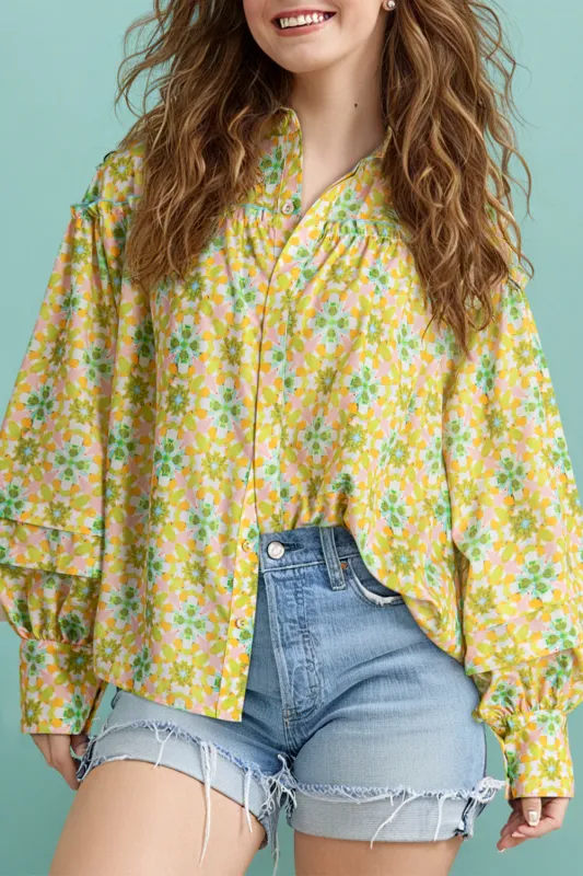 Green Boho Floral Print Frilly Detail Puff Sleeve Shirt sold by eAura
