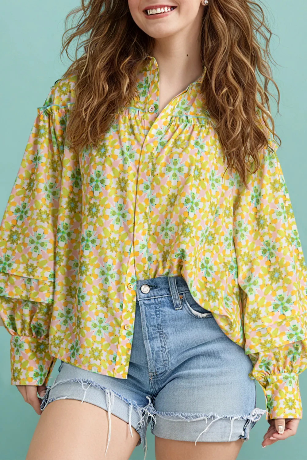Green Boho Floral Print Frilly Detail Puff Sleeve Shirt sold by eAura