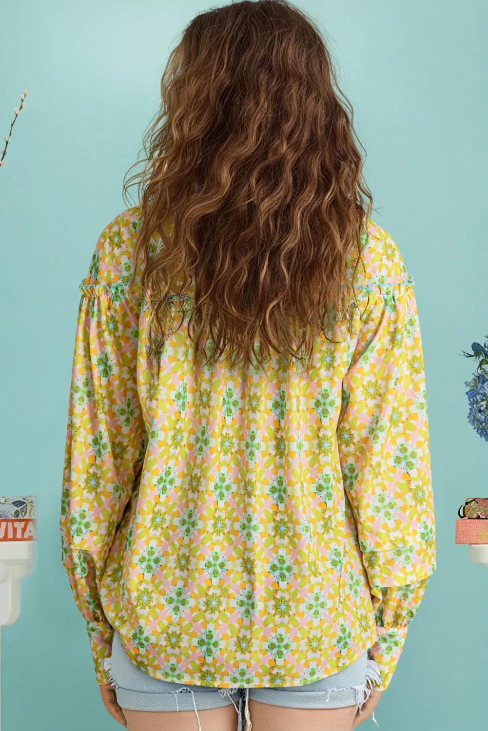 Green Boho Floral Print Frilly Detail Puff Sleeve Shirt sold by eAura product image thumbnail 2