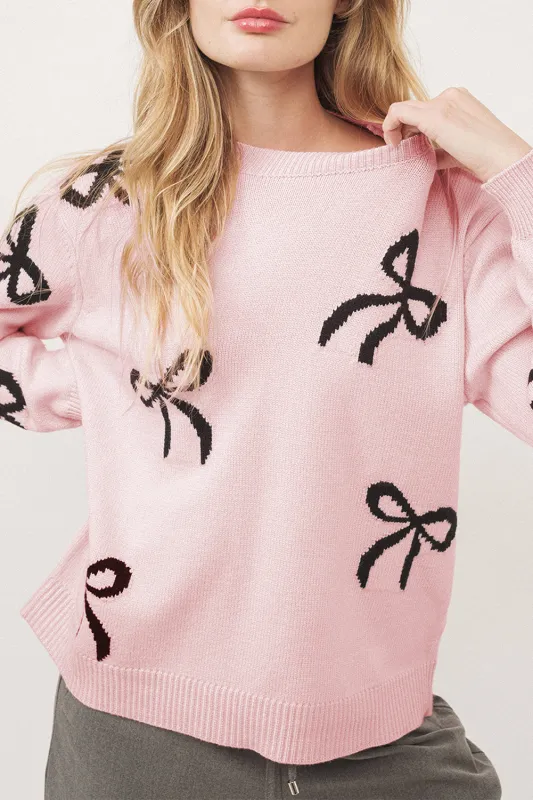 Light Pink Bow Pattern Knitted Loose Fit Sweater sold by eAura