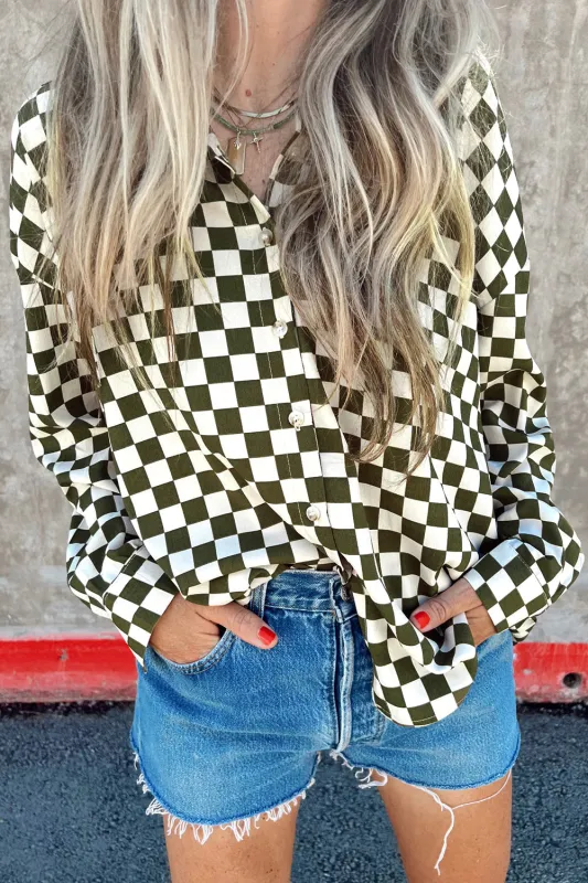 Green Checkerboard Printed Drop Shoulder Loose Casual Shirt sold by eAura