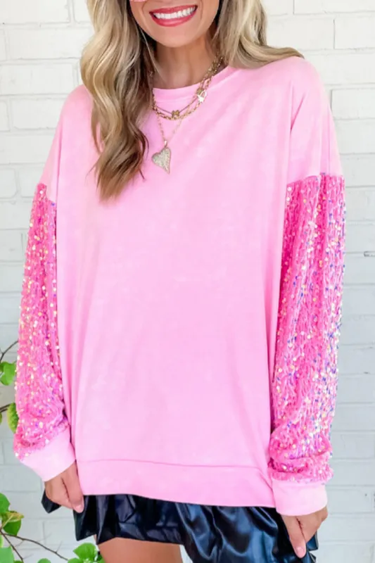 Pink Sequin Patchwork Long Sleeve Pullover Top sold by eAura