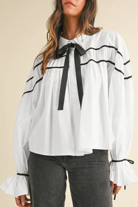 White Black Pipping Ribbon Bowtie Collared Ruffled Puff Sleeve Shirt sold by eAura