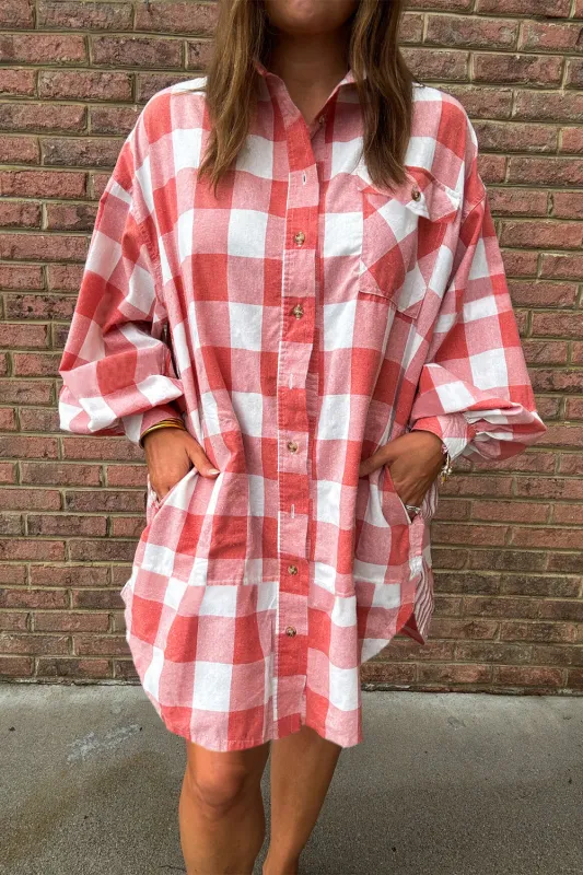 Pink Oversized Plaid Puff Sleeve Round Hem Shirt Dress sold by eAura